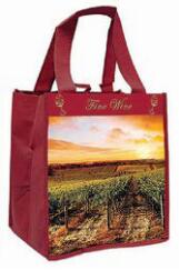 Laminated Non-Woven PP  (front & back) 6 bottle wine  tote with sewn-in partitions.  Non-Woven PP gusset &  handles.